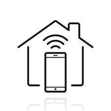 : Black line art icon of a house with a smartphone inside, showing Wi-Fi or wireless signals emanating from the phone. This typically represents a smart home or connected device.