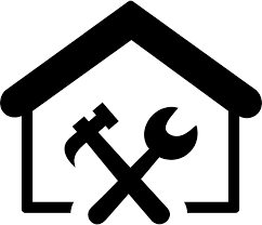 Dark outline icon of a house with a crossed wrench and hammer inside, similar to the other image, representing home repair or maintenance.