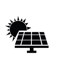 Black silhouette icon of a solar panel receiving energy from the sun.