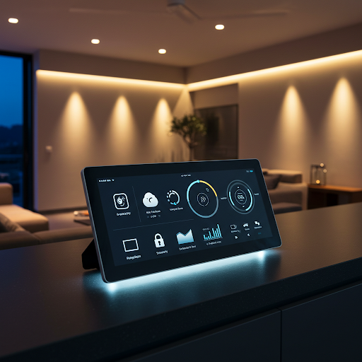 A close-up shot of a sleek, dark smart home control panel (tablet) resting on a black countertop in a modern, softly lit living space. The panel displays a digital interface with various icons and metrics for controlling lights, temperature, security, and other systems. Warm strip lighting illuminates the ceiling coves and highlights the interior behind the panel, which includes a sofa and potted plant, suggesting an evening or nighttime setting.